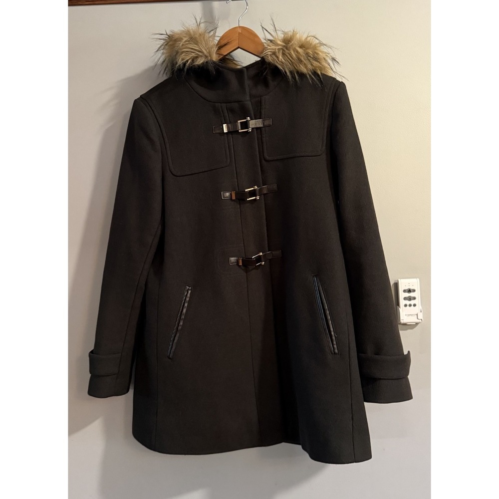 Cole Haan Pea Coat Wool Blend Toggle Faux Fur Pockets Women's Size 12